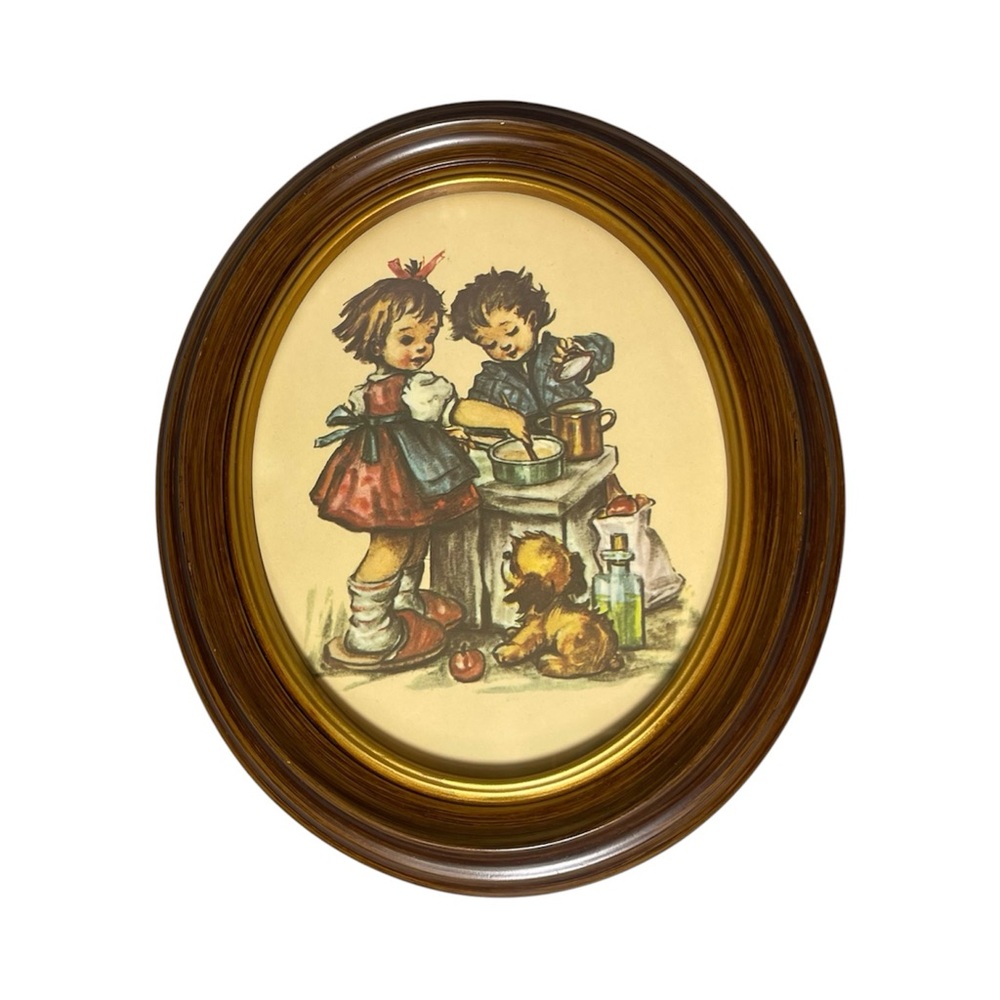 Vintage German Artist Hummel Framed Art Print Kids Cooking, MCM Home Wall Decor